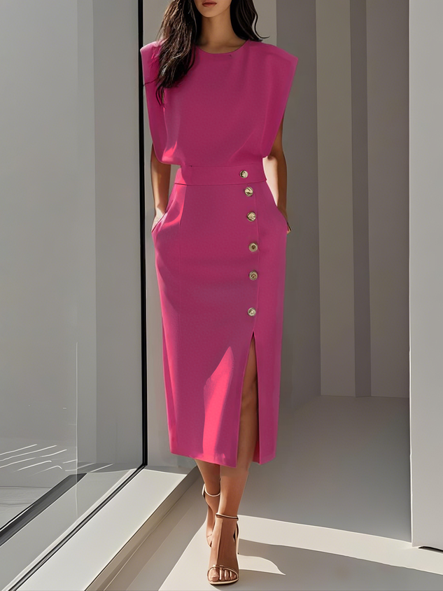 Genevieve | Solid Midi Dress with Button Slit and Round Neckline