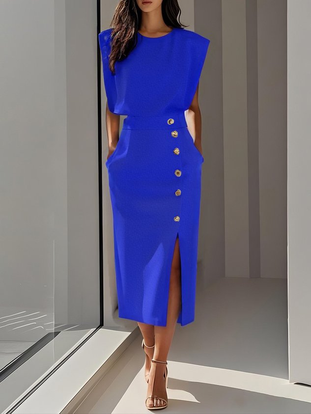 Genevieve | Solid Midi Dress with Button Slit and Round Neckline