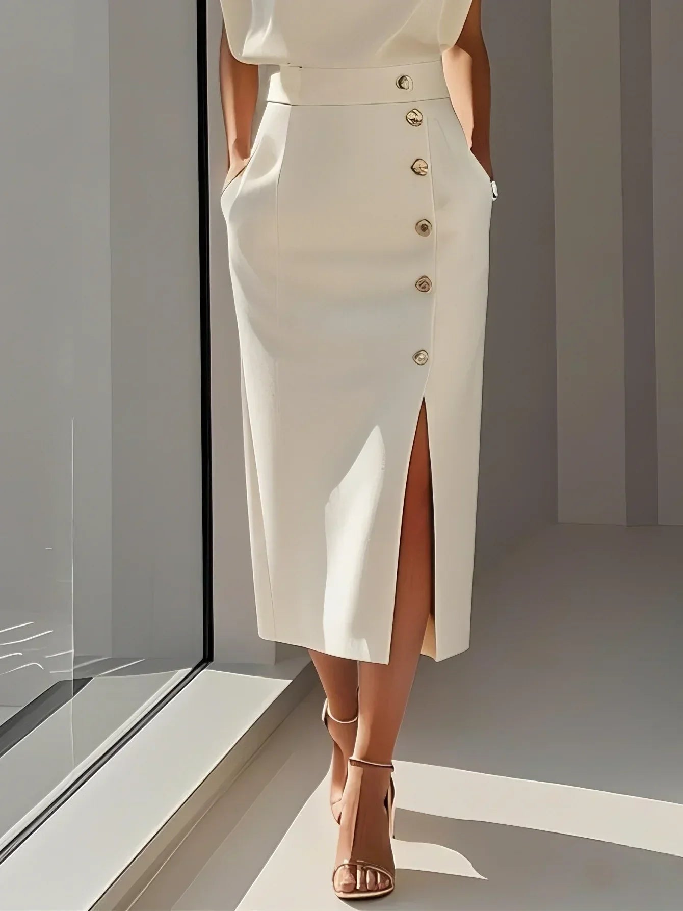 Genevieve | Solid Midi Dress with Button Slit and Round Neckline