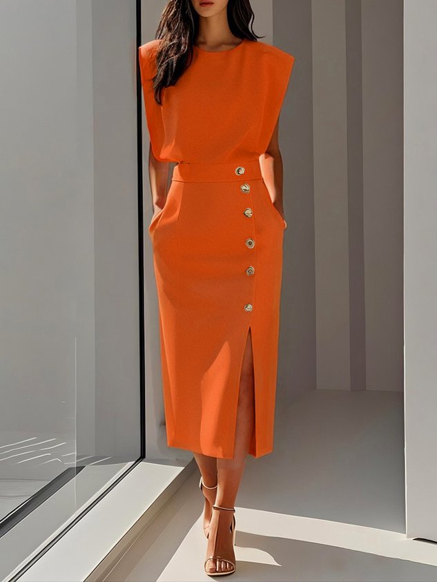 Genevieve | Solid Midi Dress with Button Slit and Round Neckline