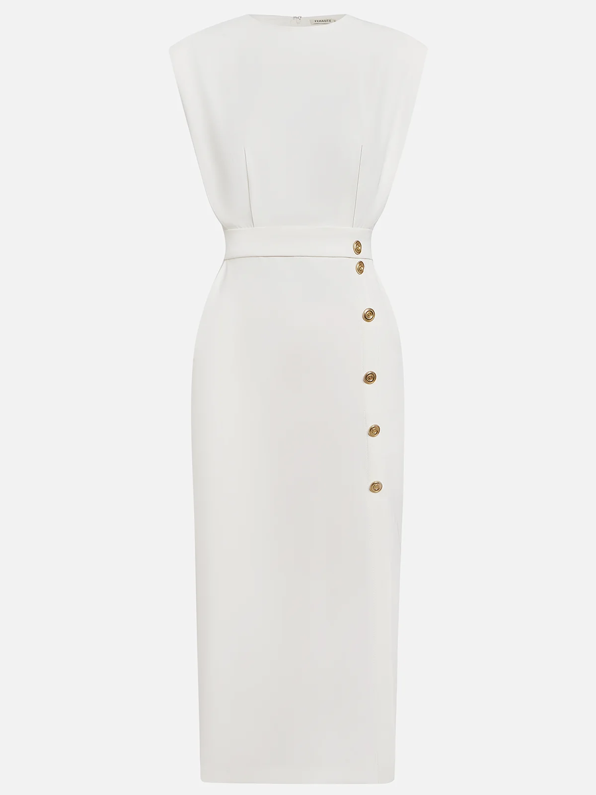 Genevieve | Solid Midi Dress with Button Slit and Round Neckline